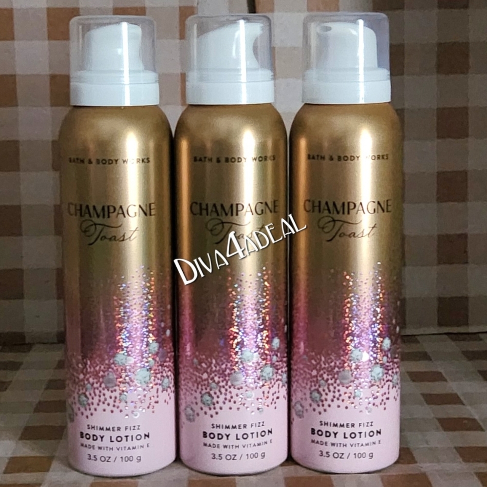 3X Bath & Body Works CHAMPAGNE TOAST 3.5 OZ Shimmer Fizz Body Lotion Bundle